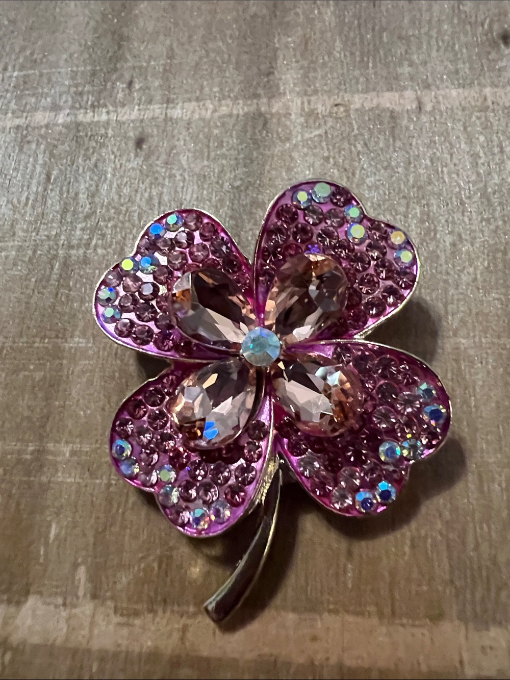 3/$18 Pink Crystal Four-Leaf Clover Brooch - Sparkling Floral Jewelry Lot 458